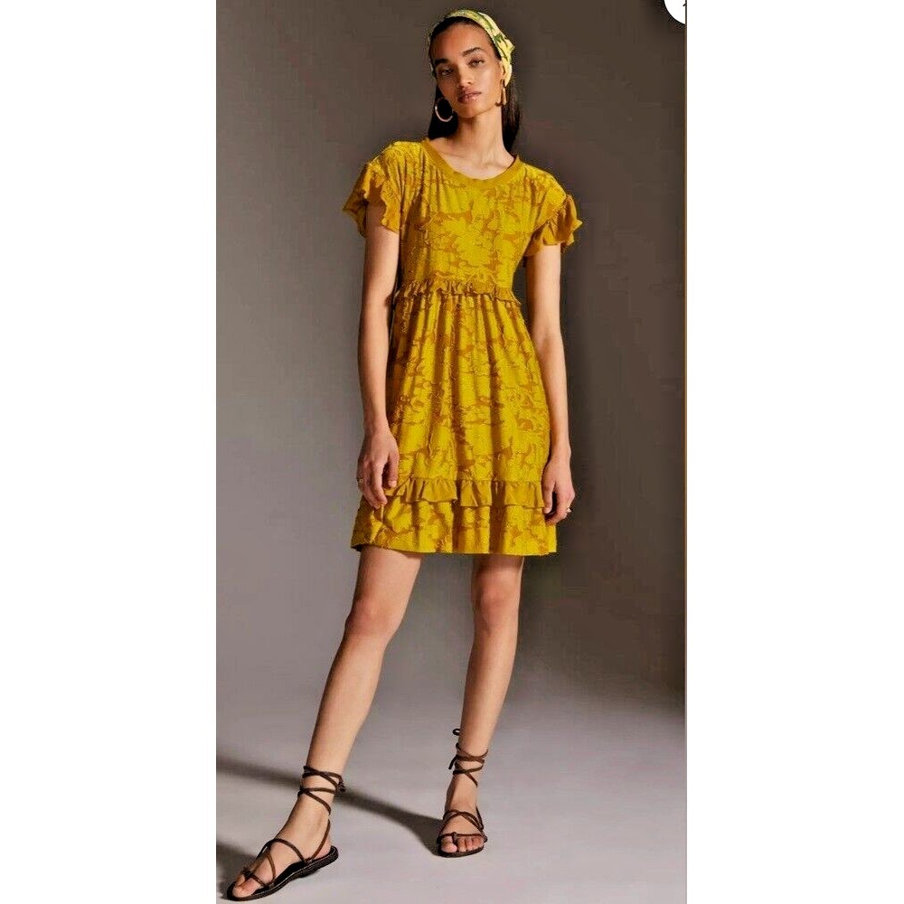 Anthropologie Pilcro Ruffle Sleeve Tie Back Lace Dress Chartreuse Size Small